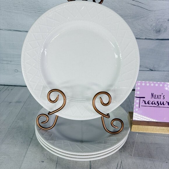 Totally Today TTO6 White Embossed Rope Criss Cross Ceramic Dinner Plates Set 4 - Picture 1 of 16